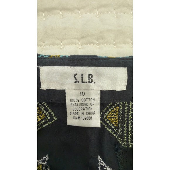 S.L.B. Navy Blue Embroidered Cotton Midi Skirt Geometric Boho Tribal Size 10 - Picture 2 of 7